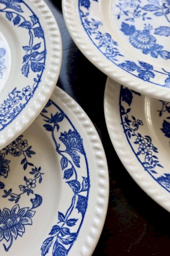 6 assiettes plates vintage en porcelaine blanche motif fleuri bleu