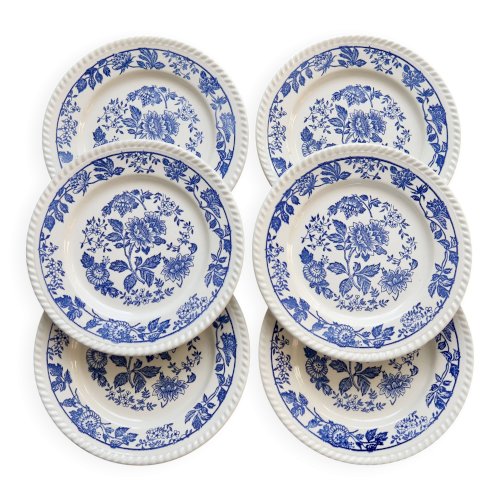 6 assiettes plates vintage en porcelaine blanche motif fleuri bleu