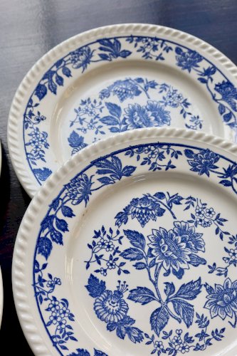 6 assiettes plates vintage en porcelaine blanche motif fleuri bleu