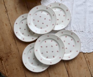 6 assiettes plates vintage faïence de Nimy motifs rouges
