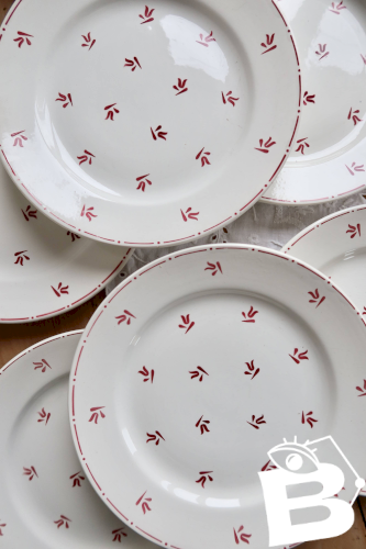 6 assiettes plates vintage faïence de Nimy motifs rouges