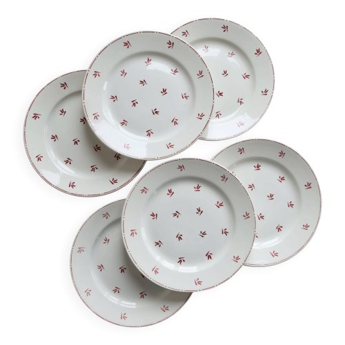 6 assiettes plates vintage faïence de Nimy motifs rouges
