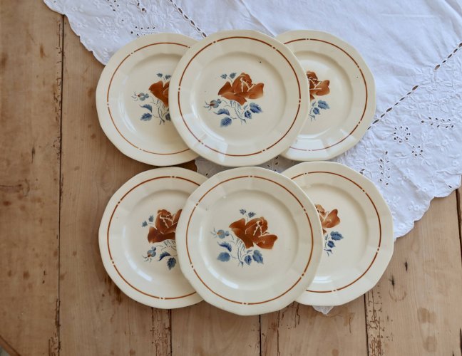 6 assiettes plates vintage faience de Sarreguemines - Motif rose