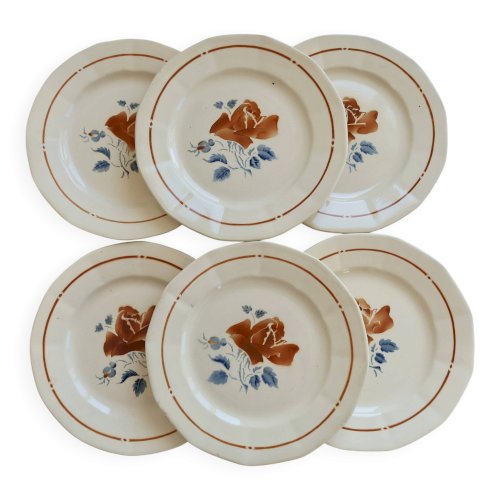 6 assiettes plates vintage faience de Sarreguemines - Motif rose