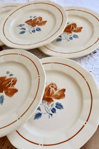 6 assiettes plates vintage faience de Sarreguemines - Motif rose