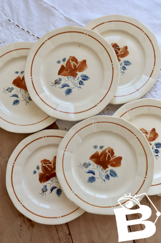 6 assiettes plates vintage faience de Sarreguemines - Motif rose
