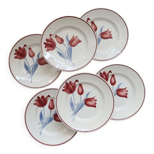 6 assiettes plates vintage faïence Moulin des Loups série Simone