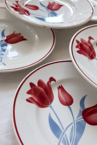 6 assiettes plates vintage faïence Moulin des Loups série Simone