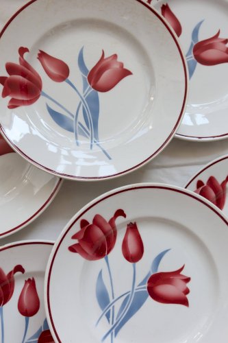6 assiettes plates vintage faïence Moulin des Loups série Simone