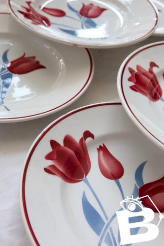 6 assiettes plates vintage faïence Moulin des Loups série Simone