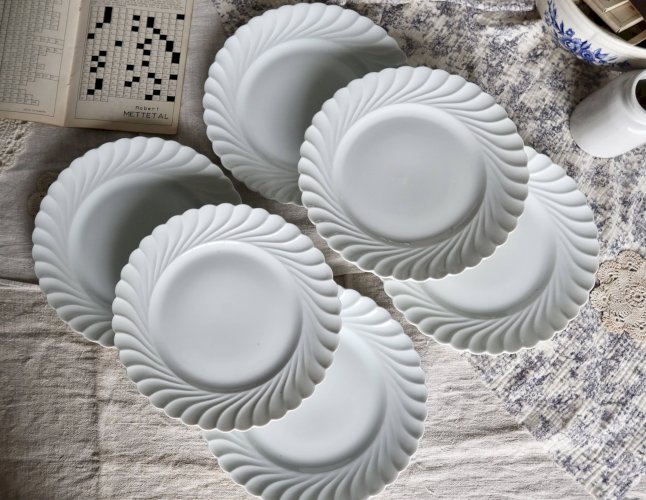 6 assiettes plates vintage porcelaine blanche torsadée Limoges Haviland