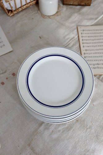 6 assiettes plates vintage style bistrot en porcelaine bleue et blanche