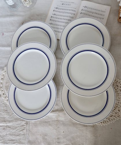 6 assiettes plates vintage style bistrot en porcelaine bleue et blanche