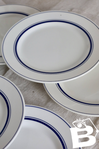6 assiettes plates vintage style bistrot en porcelaine bleue et blanche