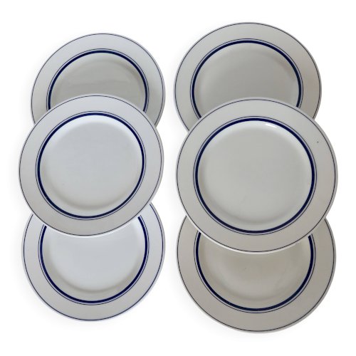 6 assiettes plates vintage style bistrot en porcelaine bleue et blanche