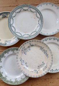 6 vintage ironstone flat plates – Mismatched blue and green tones