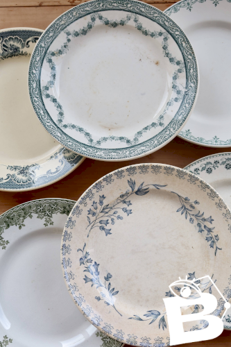 6 assiettes plates vintage terre de fer dépareillées – Tons bleus et verts