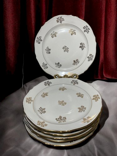 6 assiettes vintage en porcelaine de Limoges – Pâtes & Émaux – Décor doré aux étoiles – Porcelaine française – Ø 24 cm