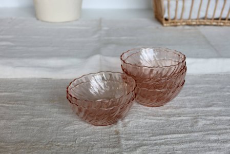 6 vintage Arcoroc Rosaline bowls in pink glass