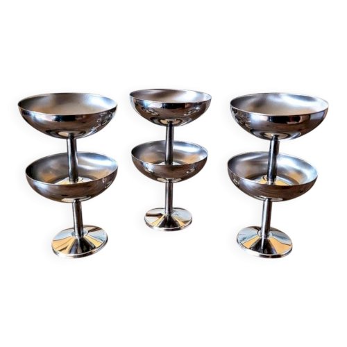 6 Coupes glaces dessert inox vintage année 70-80, forme ronde