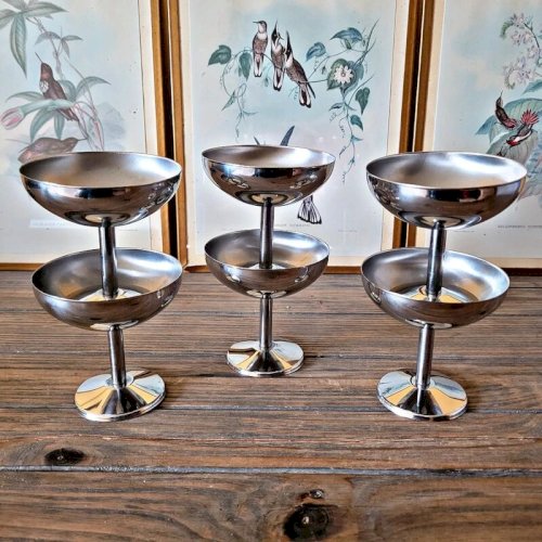 6 Coupes glaces dessert inox vintage année 70-80, forme ronde