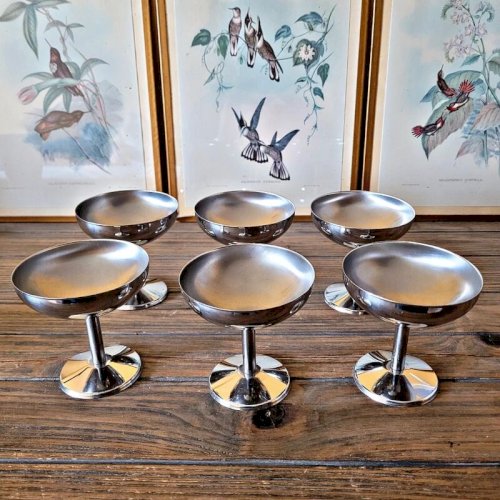 6 Coupes glaces dessert inox vintage année 70-80, forme ronde