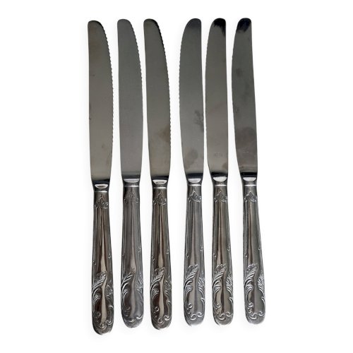 6 couteaux anciens en inox - Décor feuillage