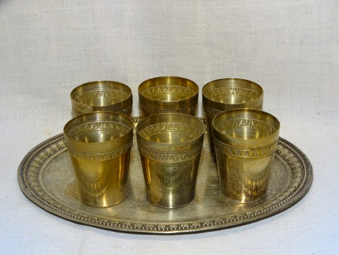 -6 GOBELETS & PLATEAU en Métal Argenté LIQUEUR VITRINE déco collection   D