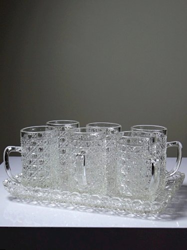 6 Petites chopes & plateau vintages/anciennes en verre pressé style art déco