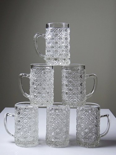 6 Petites chopes & plateau vintages/anciennes en verre pressé style art déco