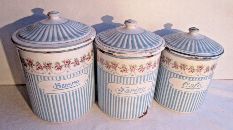 6 pots à épices Art Déco, tôle émaillée comme cafetière: Guirlande de roses BB