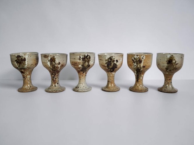 6 tasses à pied en grès, Poteries de Vézelay - Albert Breton