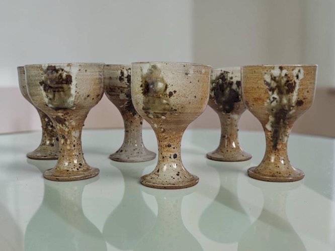 6 tasses à pied en grès, Poteries de Vézelay - Albert Breton
