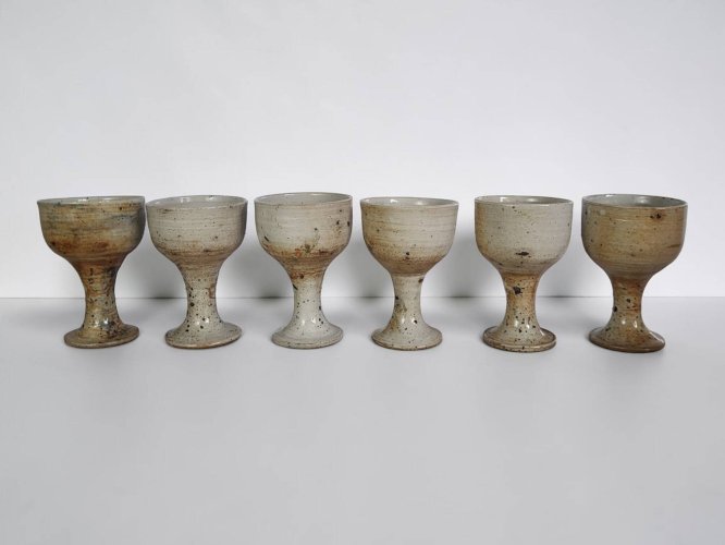 6 tasses à pied en grès, Poteries de Vézelay - Albert Breton