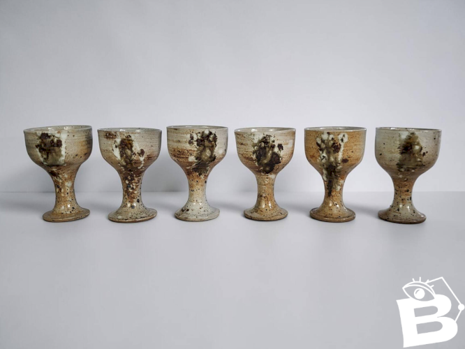 6 tasses à pied en grès, Poteries de Vézelay - Albert Breton