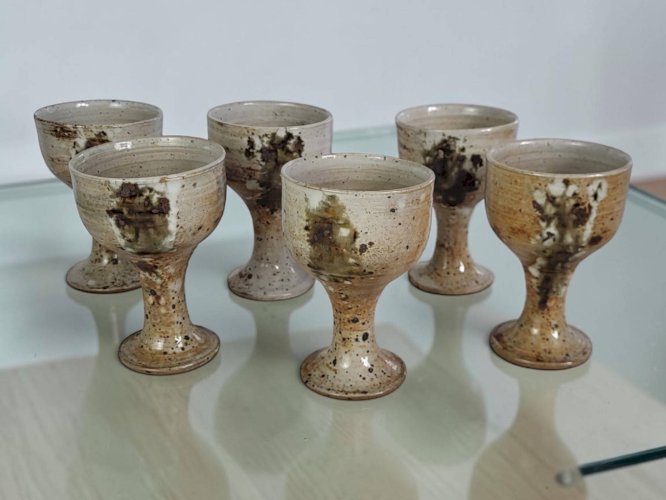 6 tasses à pied en grès, Poteries de Vézelay - Albert Breton