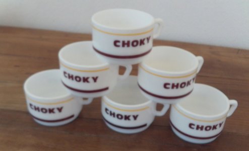  6 vintage Choky CHOCOLAT BISTROT cups arcopal 4864 PUB