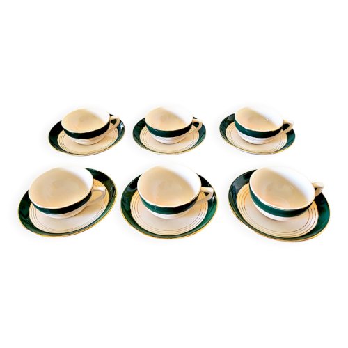 6 tasses Digoin Sarreguemines vertes avec liserés dorés (avec sous tasses)