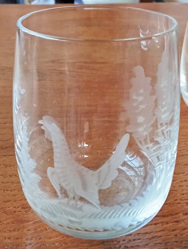 6 Verre Ancien décor chasse cerf faisan biche sanglier canard old hunting glass