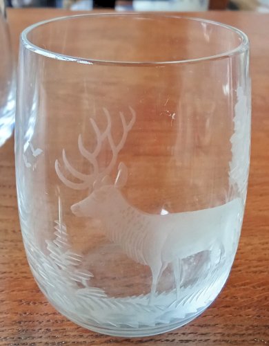 6 Verre Ancien décor chasse cerf faisan biche sanglier canard old hunting glass