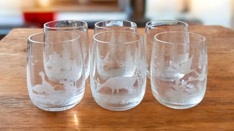 6 Verre Ancien décor chasse cerf faisan biche sanglier canard old hunting glass