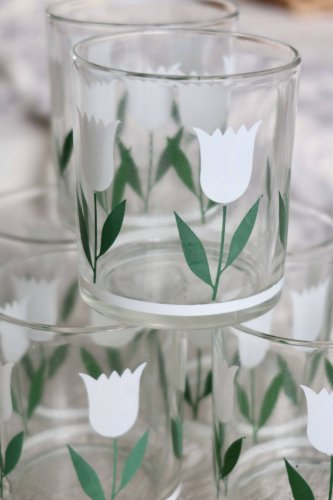 6 verres à eau vintage – Motif tulipe blanche