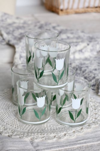 6 verres à eau vintage – Motif tulipe blanche