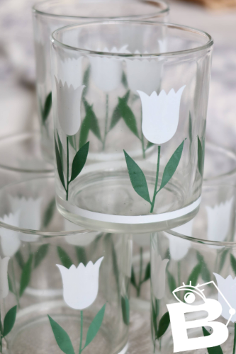 6 verres à eau vintage – Motif tulipe blanche