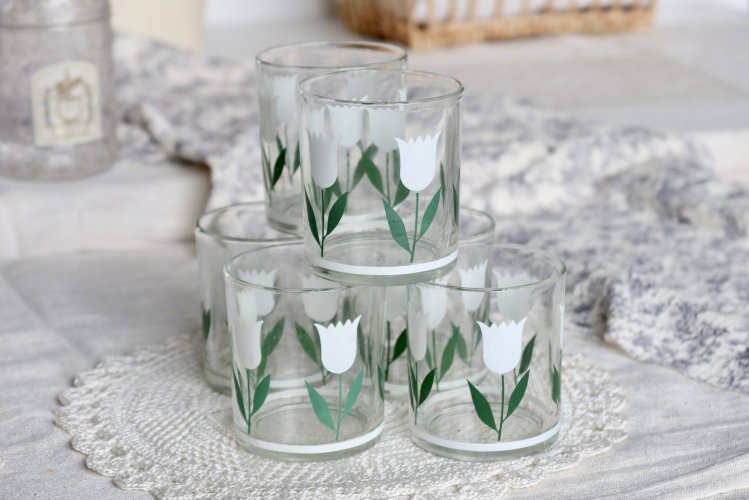 6 verres à eau vintage – Motif tulipe blanche