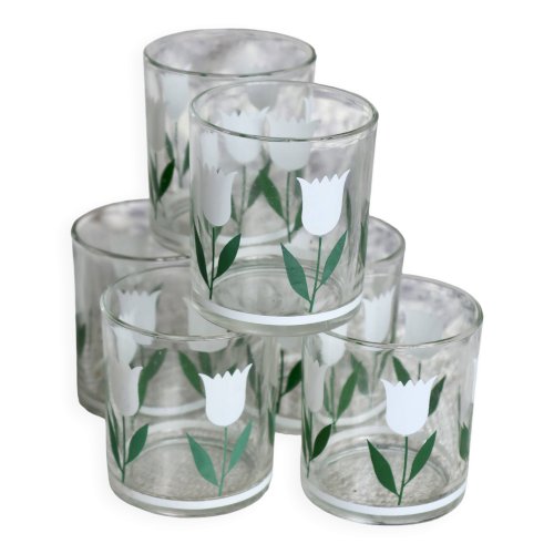 6 verres à eau vintage – Motif tulipe blanche