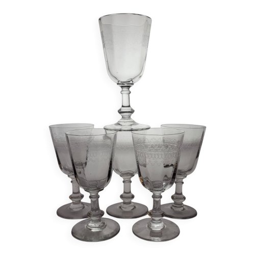 6 verres à vin / eau en verre gravé début XXème