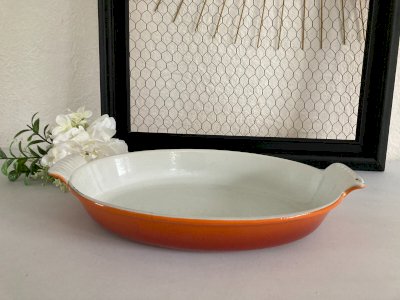 625⚜️ Vintage Enamelled Cast Iron Oval Dish Le Creuset Orange Color Length 30 cm