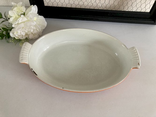 625⚜️ Ancien Plat Ovale en Fonte Émaillée Le Creuset Couleur Orange Long 30 Cm