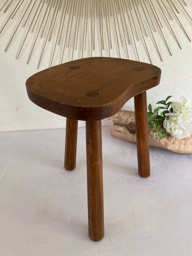 625⚜️ Ancien Tabouret, Tripode en Bois Vintage Hauteur 32 Cm